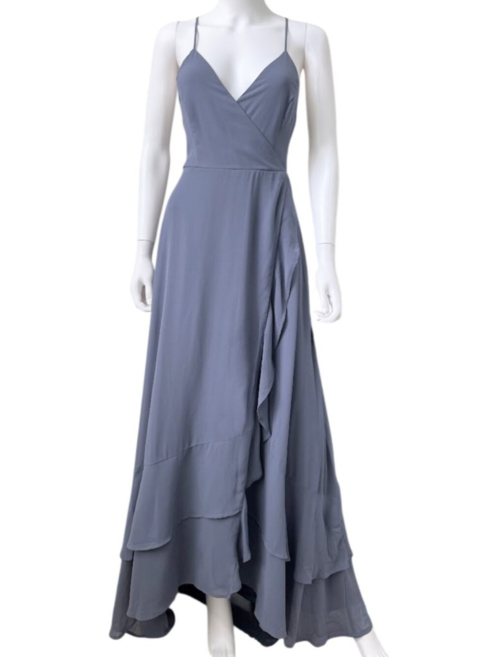 Lulus Blue Wrap Maxi Dress Bridesmaid Formal Ruffle Lace Up Back M NWT - Picture 2 of 10